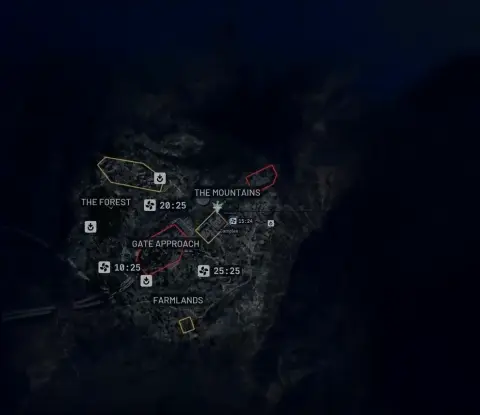 ARC Raiders The Blue Gate in-game overview showing The Forest, The Mountains, Gate Approach and Farmlands