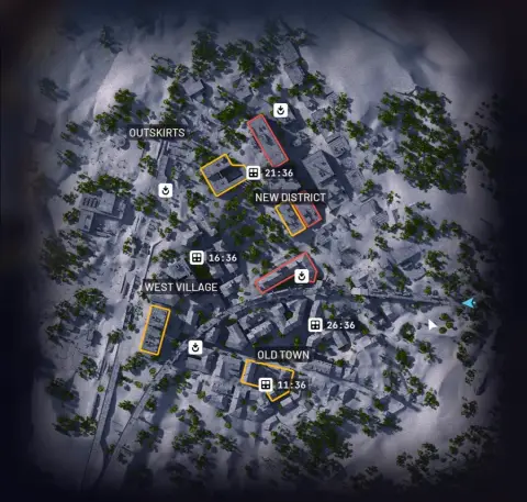 ARC Raiders Buried City in-game overview showing Outskirts, New District, West Village and Old Town