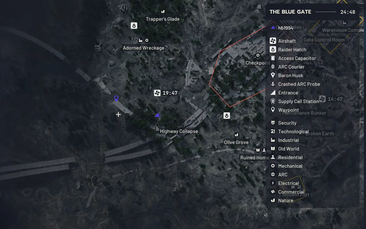 ARC Raiders The Blue Gate native map showing a road approach waypoint at Highway Collapse on the southern edge of Barren Clearing