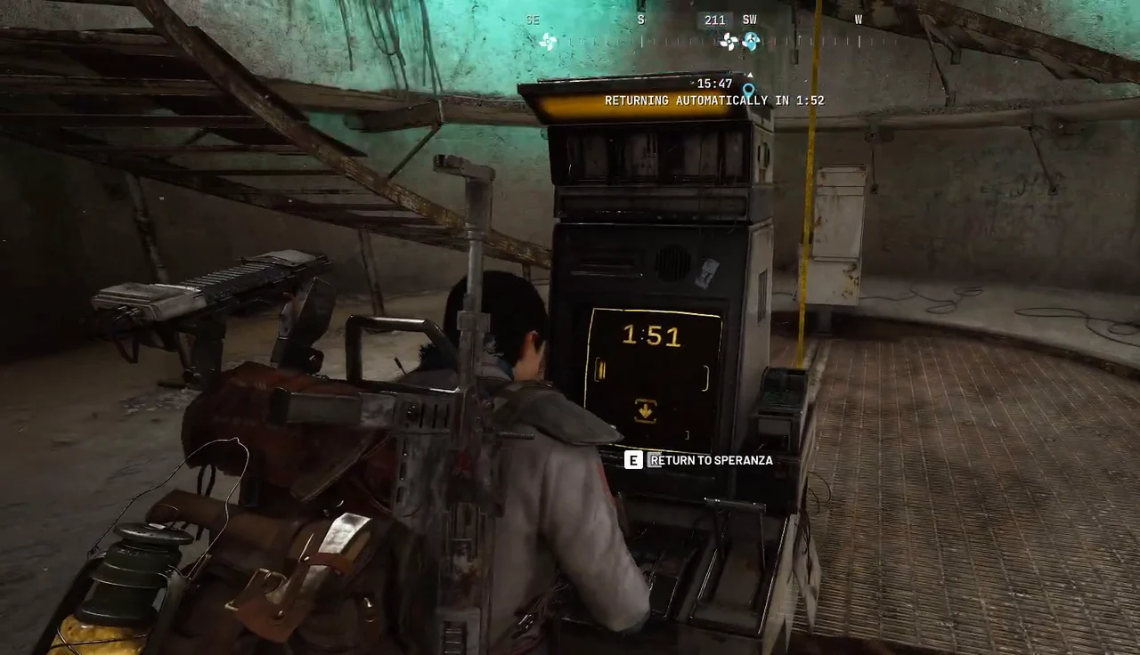 ARC Raiders The Blue Gate airshaft console showing E RETURN TO SPERANZA and RETURNING AUTOMATICALLY IN 1:52.