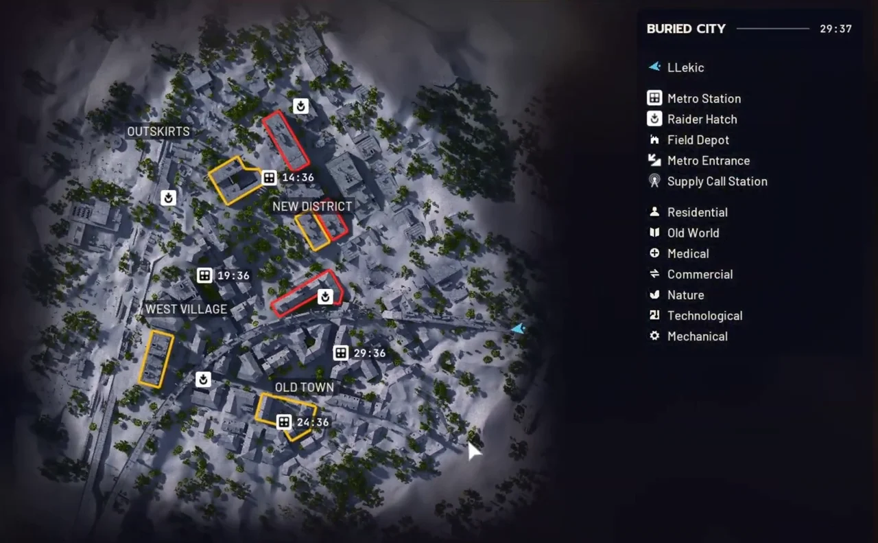 ARC Raiders Buried City native map showing a white Raider Hatch symbol west of Old Town and south of West Village, with district labels and the Raider Hatch legend.