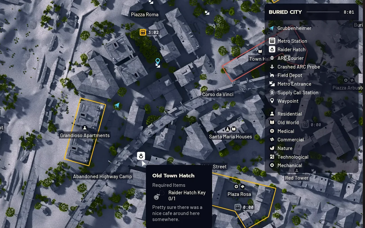 ARC Raiders Buried City native Old Town Hatch tooltip with Required Items and Raider Hatch Key 0/1.