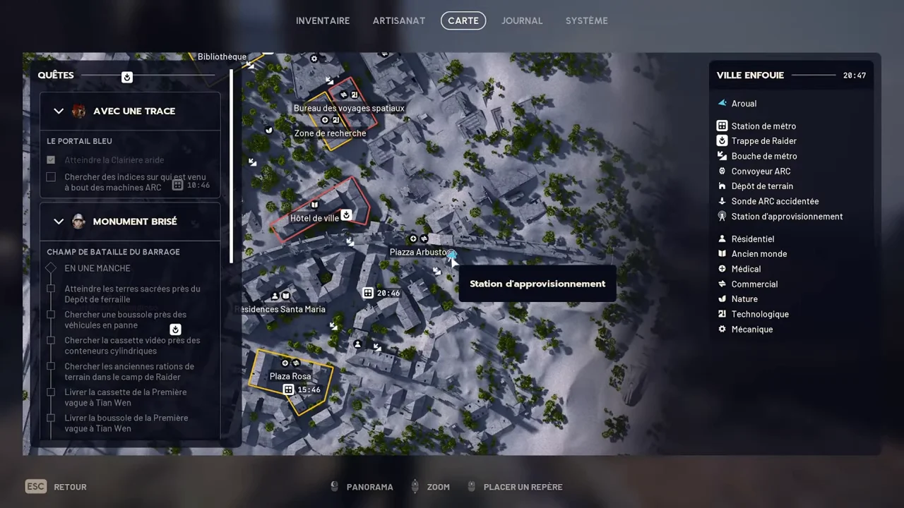 ARC Raiders Buried City native Supply Call Station icon at Piazza Arbusto with the French Station d'approvisionnement tooltip.