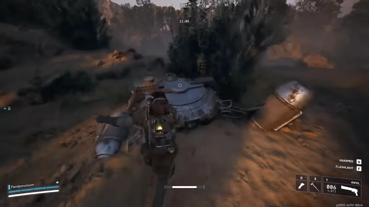 ARC Raiders Husk Graveyard circular ARC husk being searched beside an outdoor route