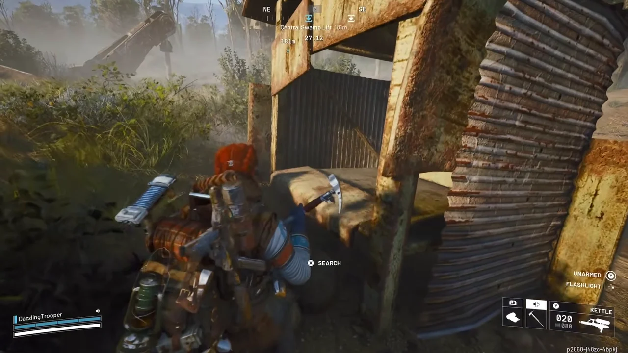 ARC Raiders Dam Battlegrounds Lush Blooms wicker basket beside a wooden shelter with the Search prompt
