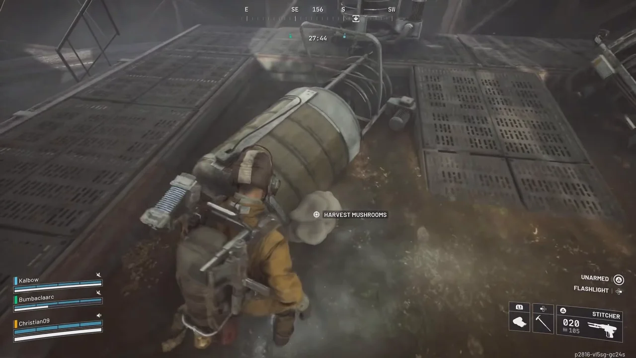 ARC Raiders Dam Battlegrounds Harvest Mushrooms prompt on a large pipe at Hydroponic Dome Complex.