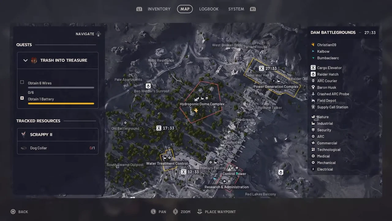 ARC Raiders Dam Battlegrounds native Dam map labelling Ruby Residence and Hydroponic Dome Complex, with the player icon at the domes.