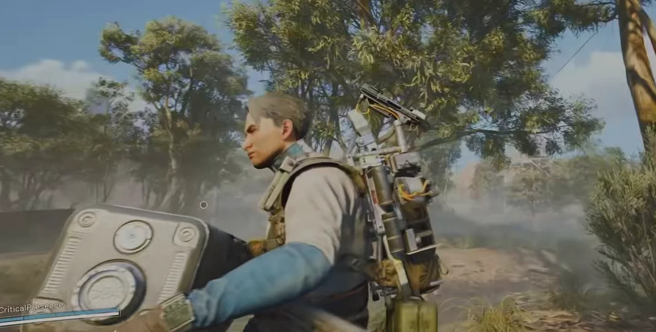 ARC Raiders Dam Battlegrounds player carrying a Field Crate with both hands along the wooded approach to a Field Depot