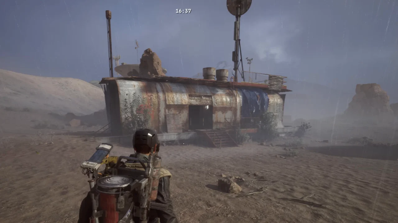 ARC Raiders Dam Battlegrounds Field Depot exterior with a long metal body, tall rooftop antenna and blue tarp.