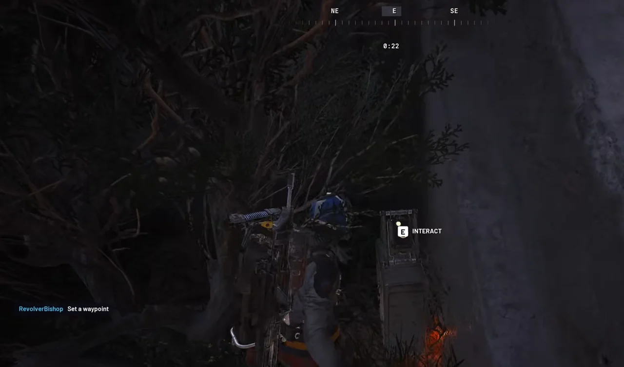 ARC Raiders Riven Tides building 01 concrete foot with vegetation and an INTERACT prompt at an illustrated button candidate.