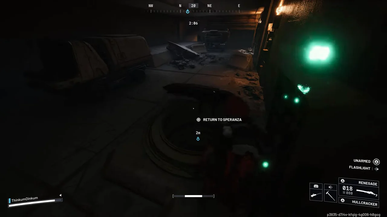 ARC Raiders Spaceport player beside the underground circular Departures Hatch with green lights and the Return to Speranza prompt.