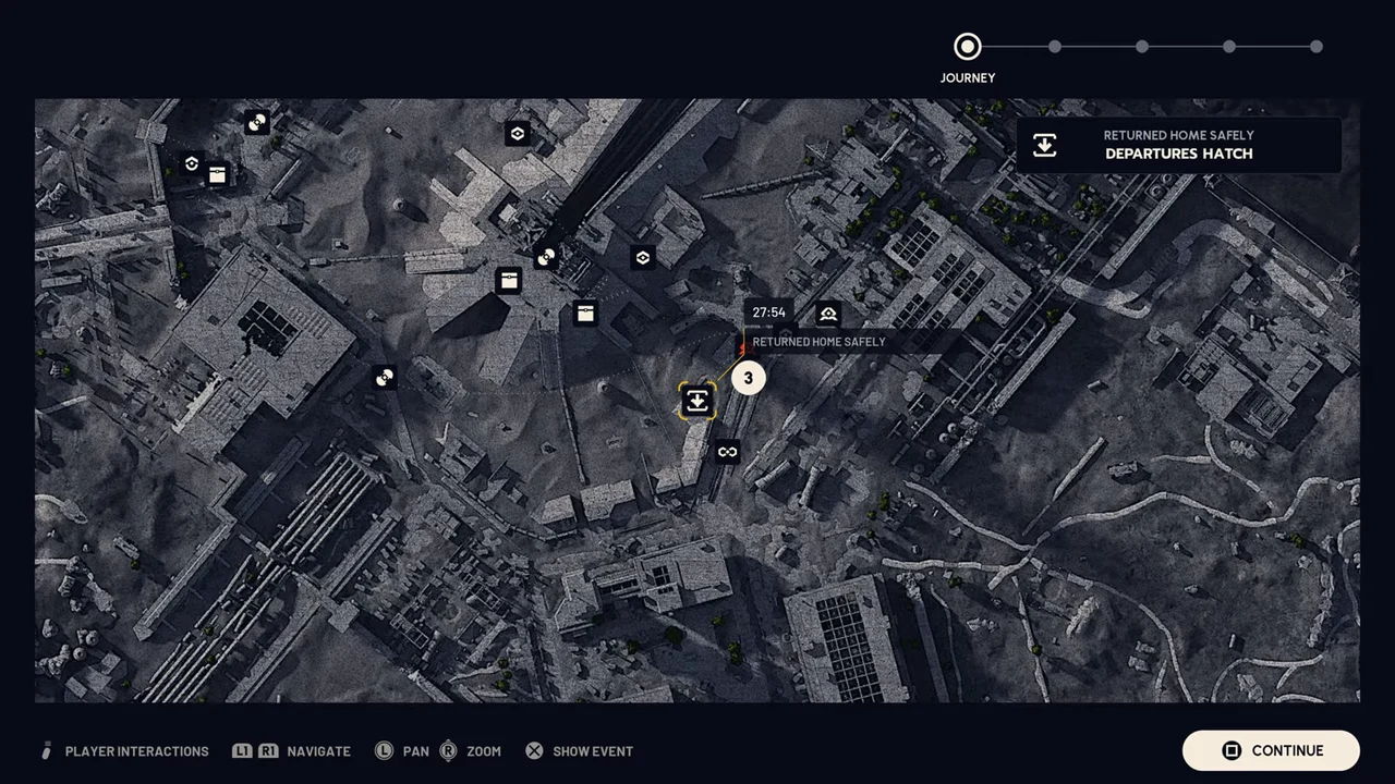 ARC Raiders Spaceport native Journey map showing Returned home safely: DEPARTURES HATCH.