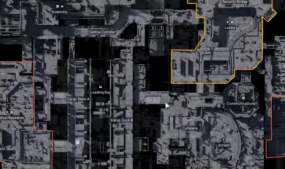 ARC Raiders Stella Montis Upper map showing Cafeteria west of Atrium and south of Communications