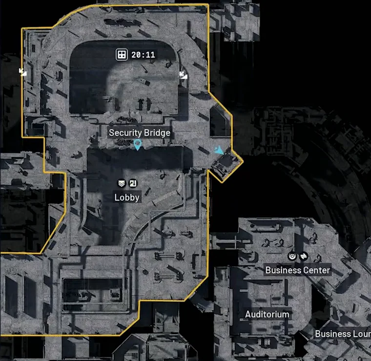 ARC Raiders Stella Montis native Upper map with the Lobby and Security Bridge footprint and the player on its east-side approach.