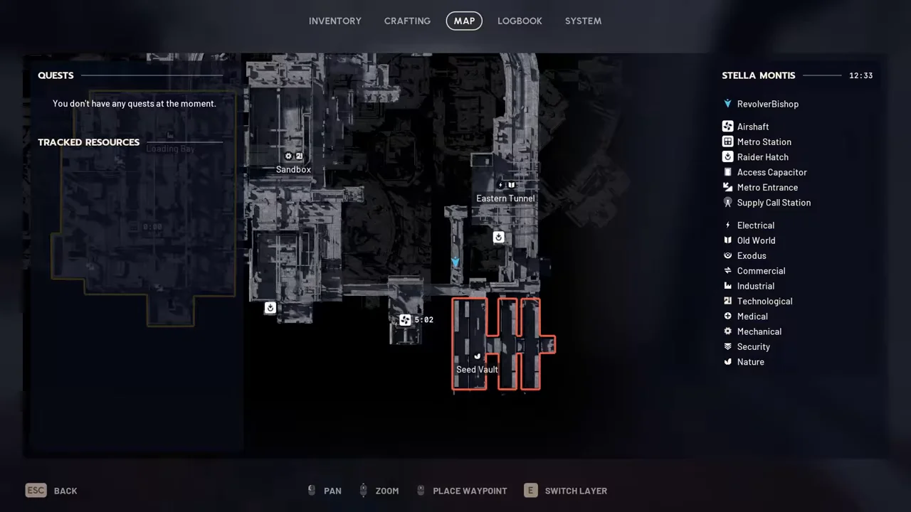 ARC Raiders Stella Montis lower map showing a Raider Hatch icon beside Sandbox B and an Airshaft icon between Sandbox B and the Seed Vault.