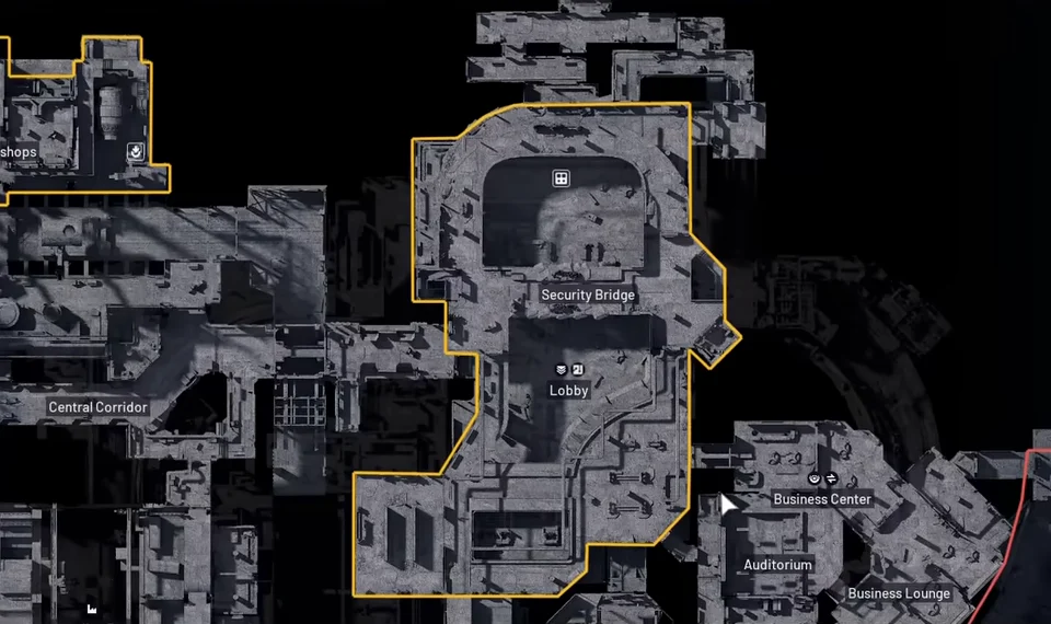 ARC Raiders Stella Montis Upper map showing Security Bridge above the Lobby and the business area below