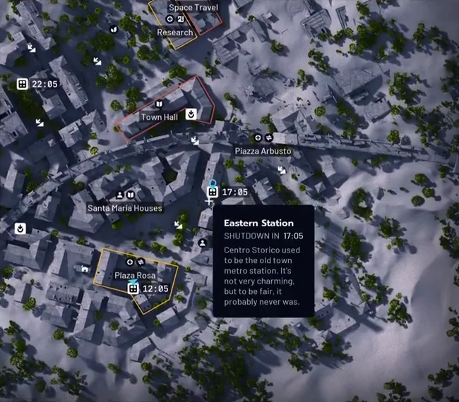 ARC Raiders Buried City native map showing the Eastern Station tooltip south of Piazza Arbusto and east of Santa Maria Houses