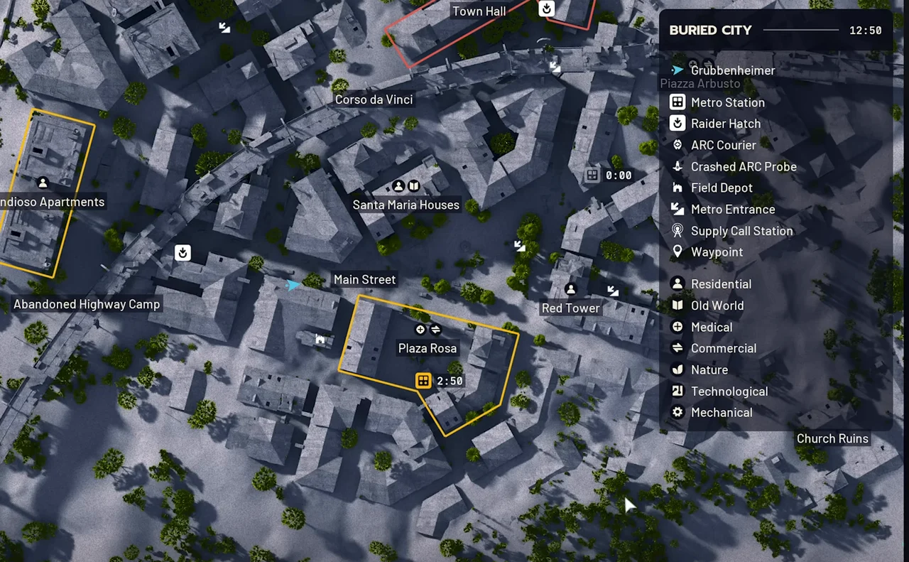 ARC Raiders Buried City native map showing a Metro Station symbol inside the labelled Plaza Rosa area.