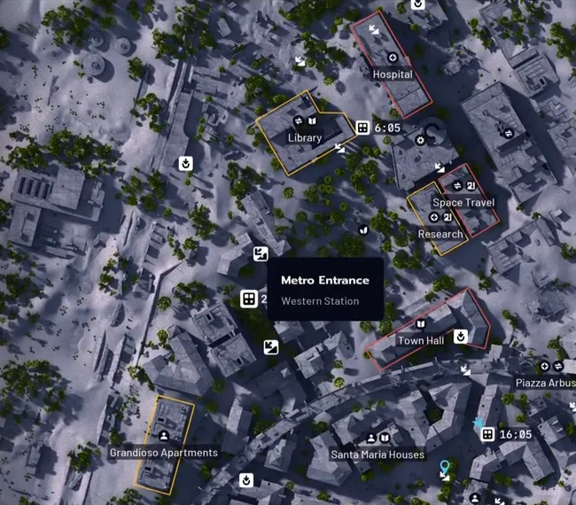 ARC Raiders Buried City native map with a Metro Entrance tooltip naming Western Station southwest of the Library