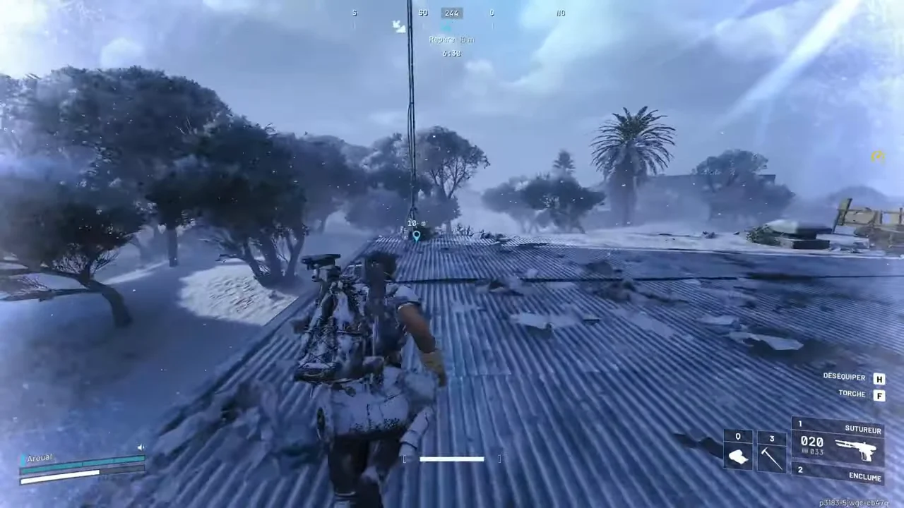 ARC Raiders Buried City Call Station pole on a snowy corrugated roof north of the Hospital.