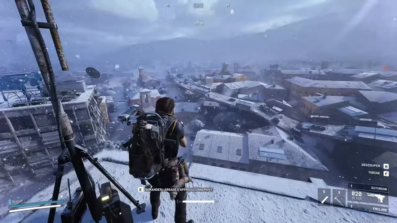 ARC Raiders Buried City pronged Call Station on the Grandioso Apartments upper roof in cold weather.