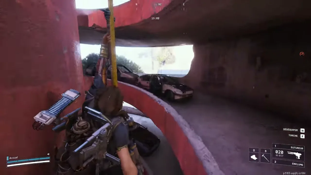 ARC Raiders Buried City yellow zipline inside the circular Parking Garage ramp on the roof approach.