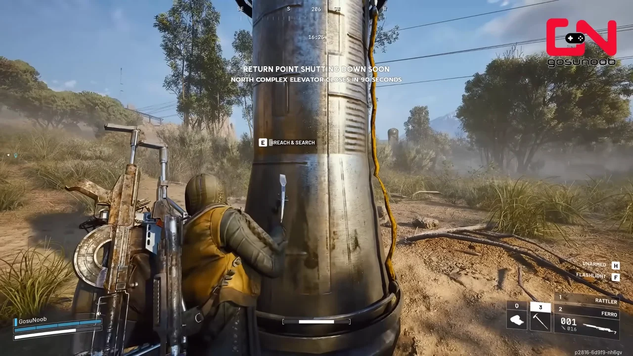 ARC Raiders Dam Battlegrounds landed cylindrical Supply Drop with Breach and Search prompts.