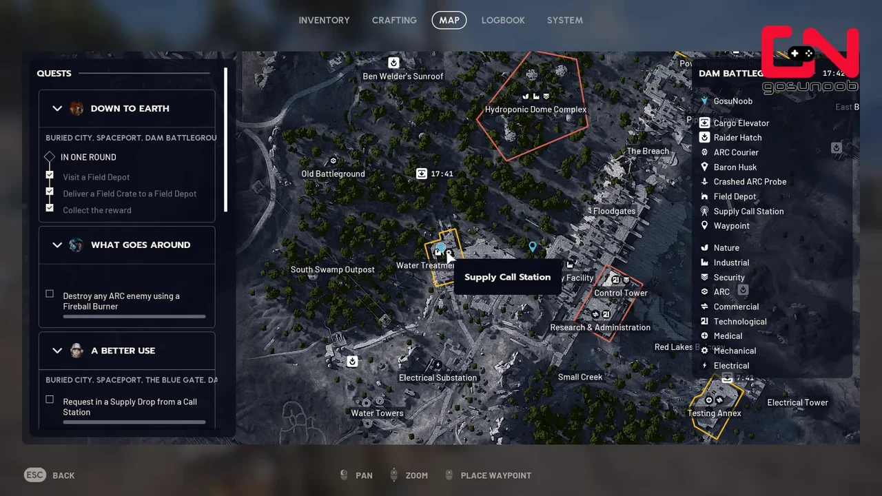 ARC Raiders Dam Battlegrounds native map with the Supply Call Station tooltip and antenna icon at Water Treatment Control.