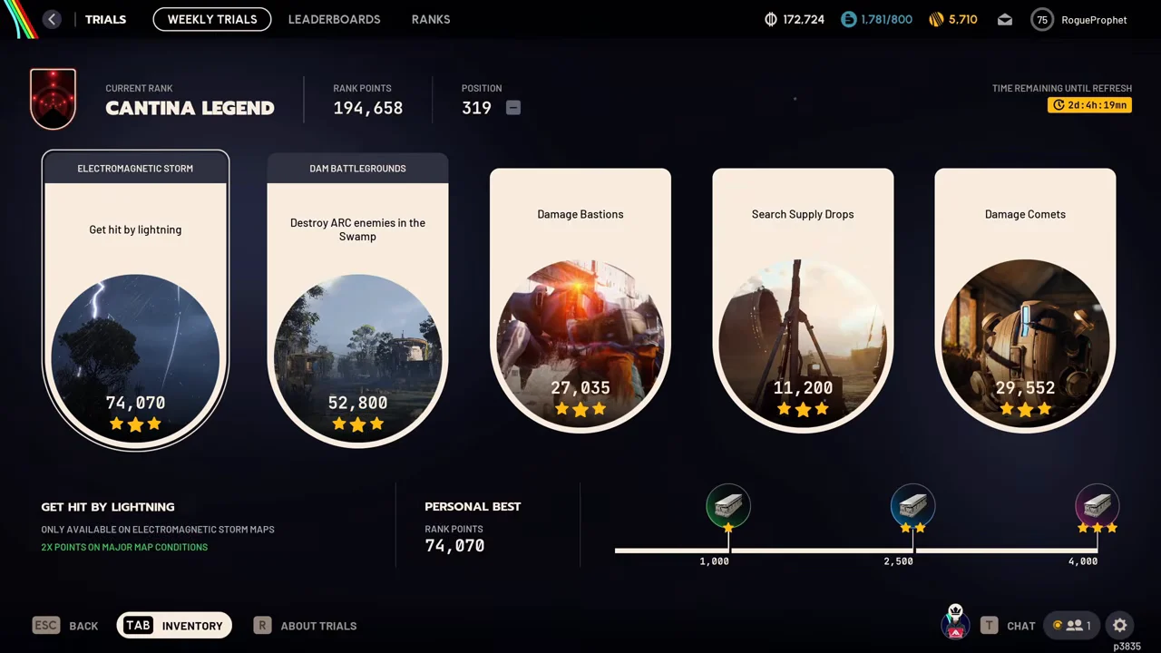 ARC Raiders Buried City Weekly Trials menu showing Search Supply Drops and the selected Get hit by lightning detail panel.