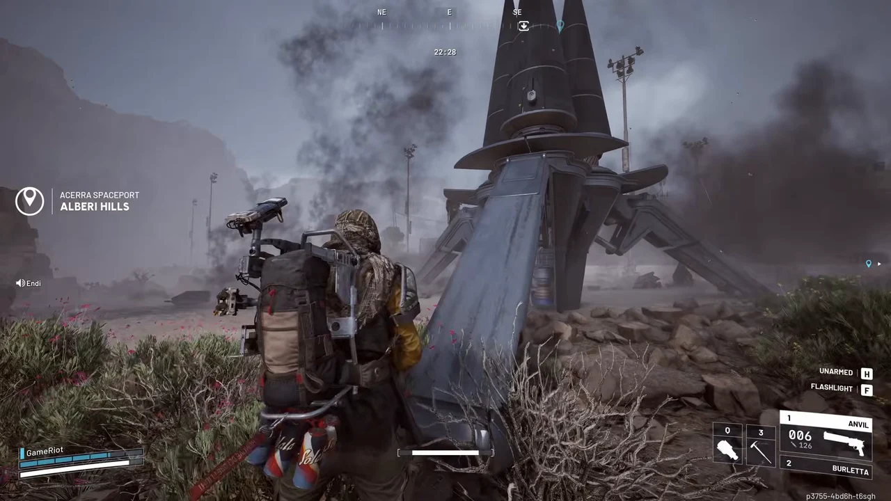 ARC Raiders Spaceport gameplay showing a landed Assessor's legs and body with the native Alberi Hills location label.