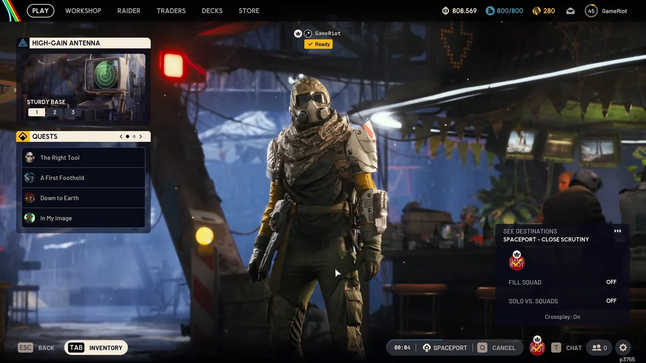 ARC Raiders Spaceport in-game lobby destination panel labelled Spaceport - Close Scrutiny.