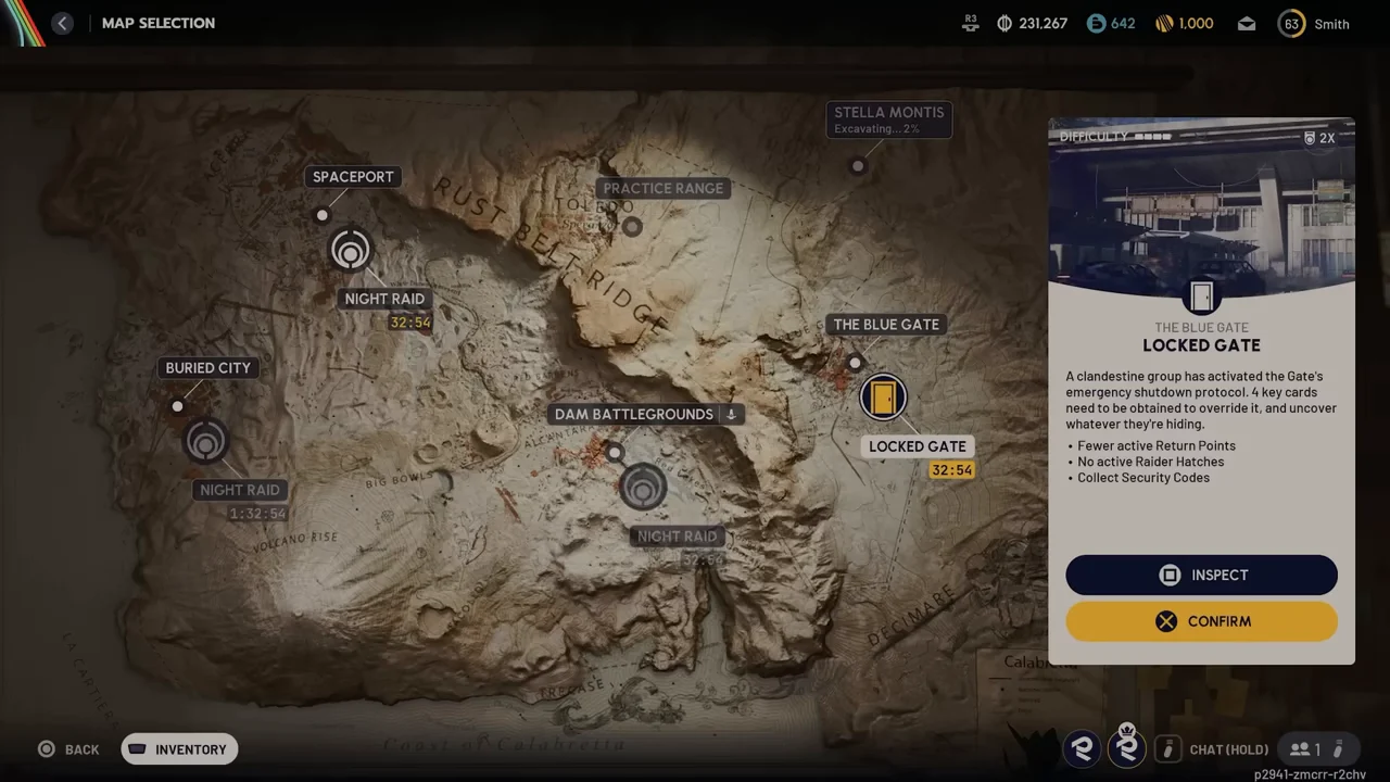 ARC Raiders The Blue Gate Locked Gate Map Selection card with event rules and recorded countdown