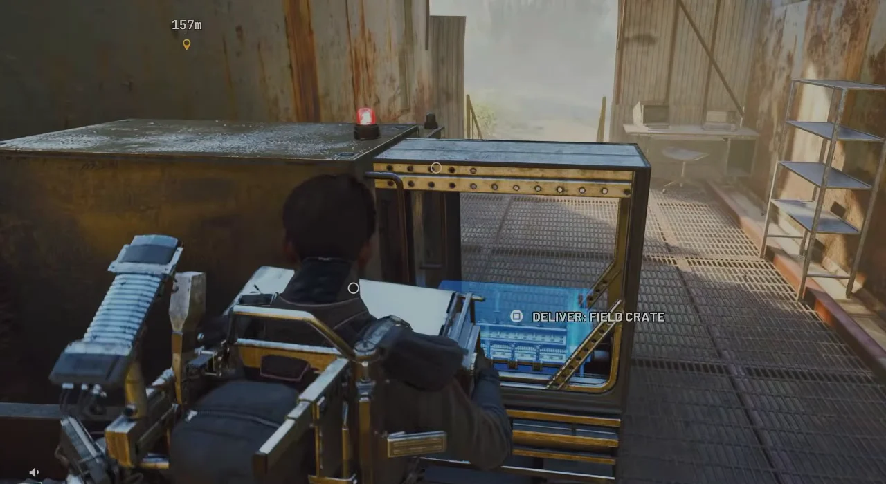 ARC Raiders Dam Battlegrounds Field Depot Supply Station showing a blue crate hologram and the DELIVER FIELD CRATE prompt