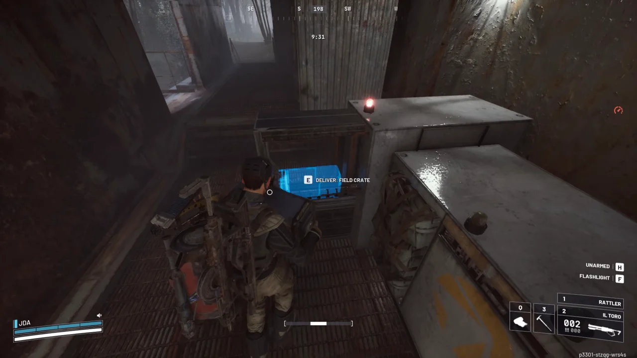 ARC Raiders Dam Battlegrounds Field Depot interior showing a blue hologram with the Deliver: Field Crate prompt.