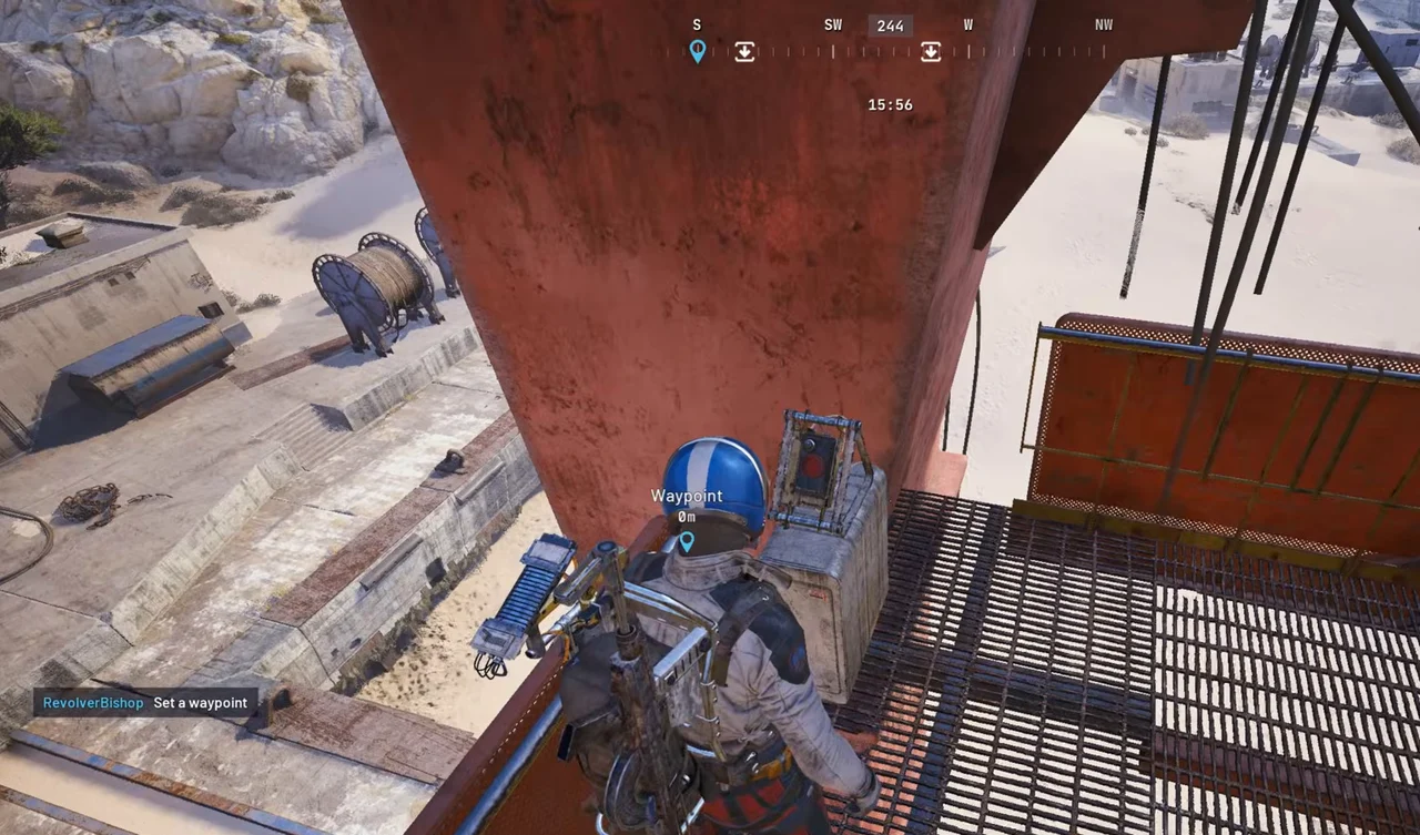 ARC Raiders Riven Tides red button mounted on a red beam beside the crane 1 grated stair landing.