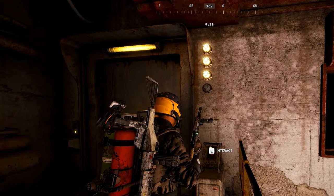 ARC Raiders Riven Tides room-door catwalk button with an INTERACT prompt and three illuminated indicators.