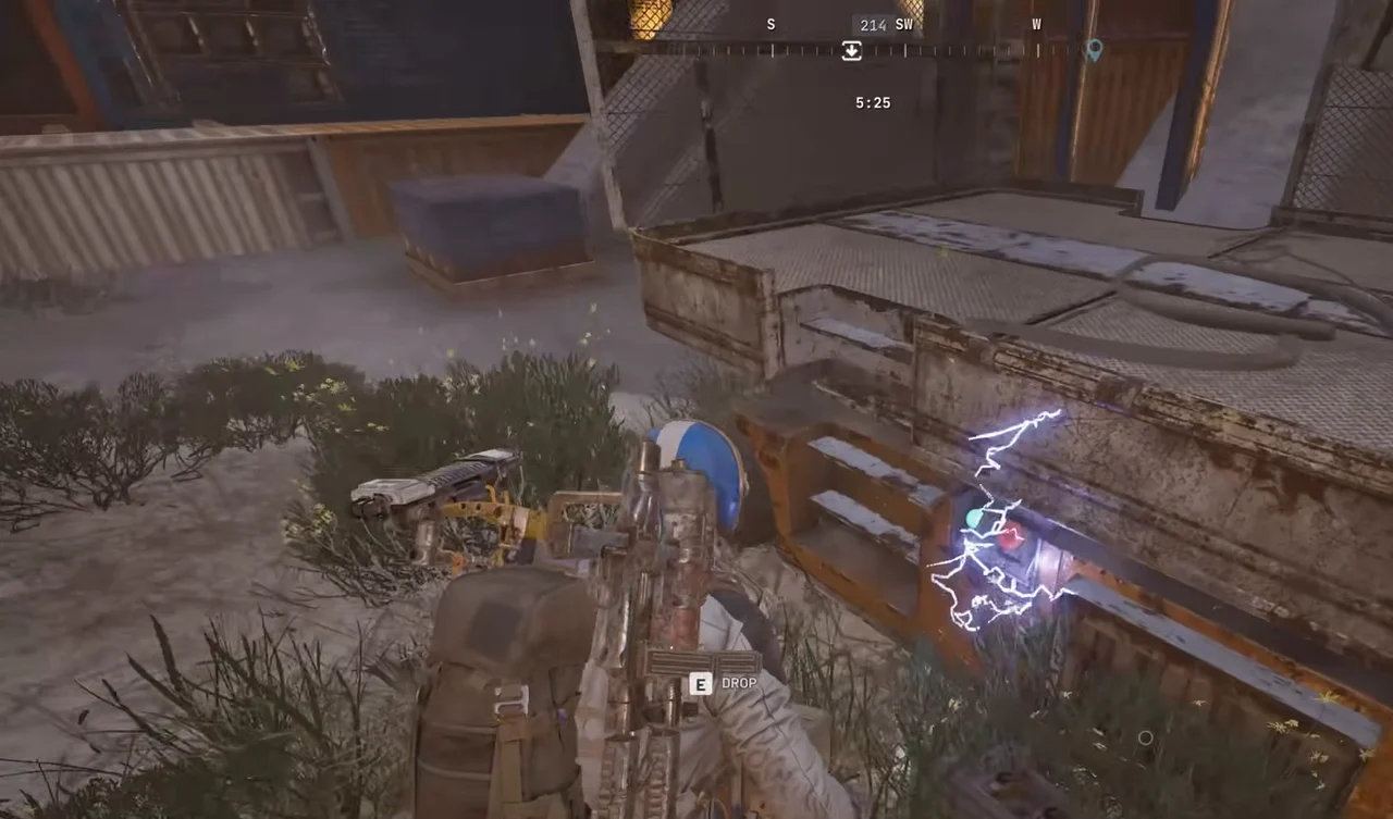 ARC Raiders Riven Tides carried Fuel Cell beside the ground lift with a DROP prompt.