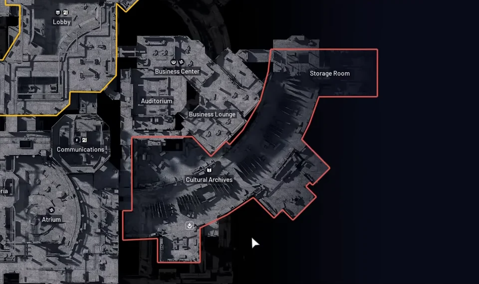 ARC Raiders Stella Montis Upper map with Business Center east of the Lobby, Business Lounge below it and Cultural Archives farther south