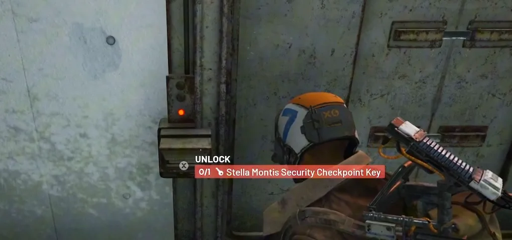 ARC Raiders Stella Montis inner Security Checkpoint door with the UNLOCK 0/1 Stella Montis Security Checkpoint Key prompt.