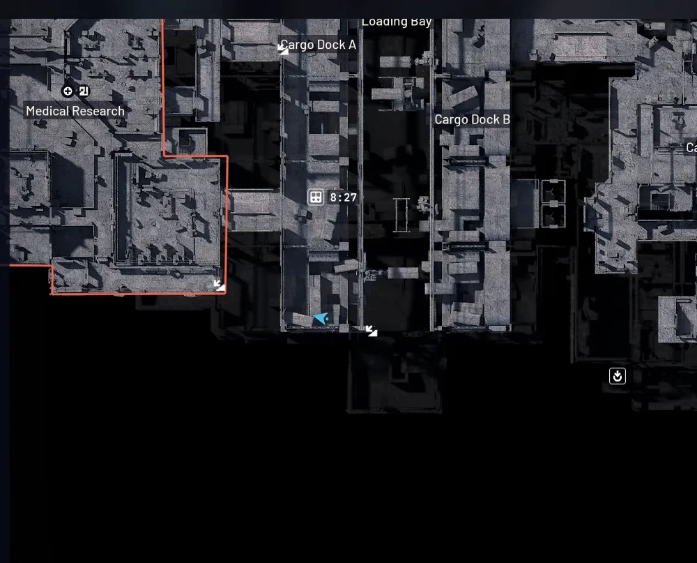 ARC Raiders Stella Montis Upper map labelled Loading Bay and Cargo Dock B, with the player on the southern cargo approach west of the dock.