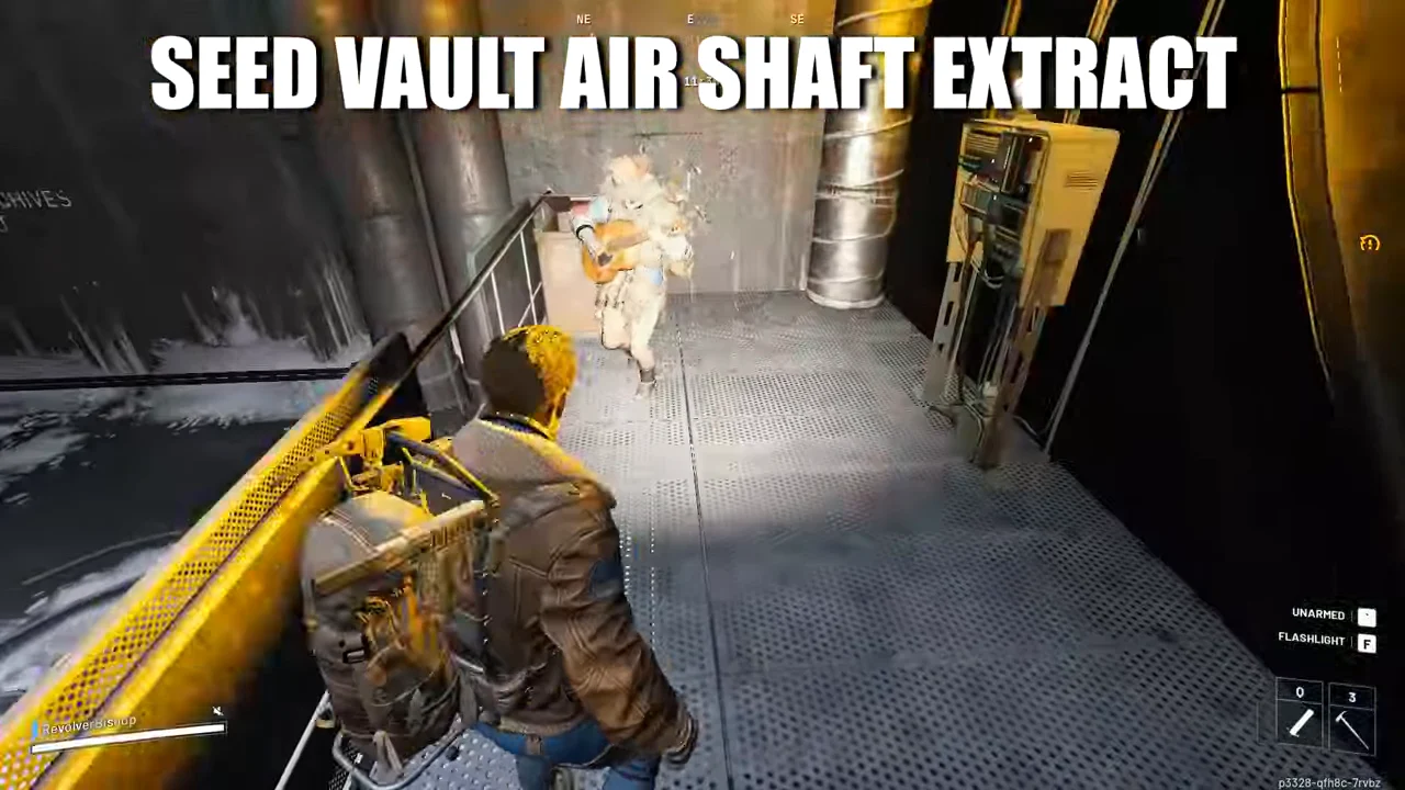 ARC Raiders Stella Montis circular airshaft duct approach with the Seed Vault Air Shaft Extract chapter caption visible.