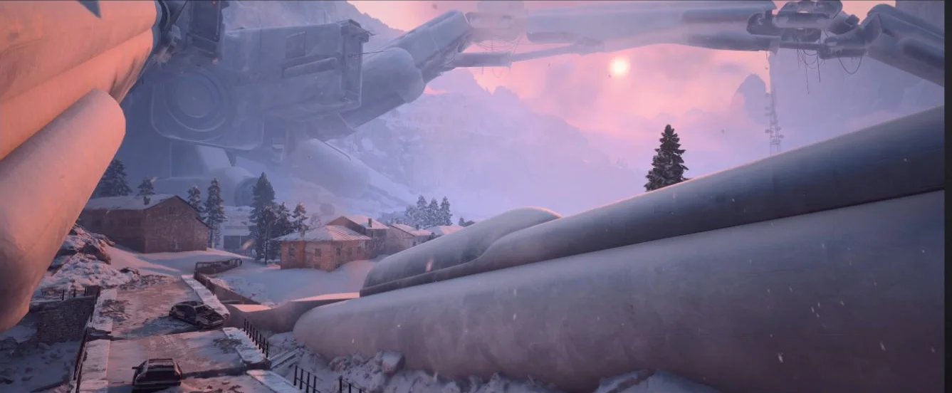 ARC Raiders Pendola Pass fallen Emperor towering above the snowy village
