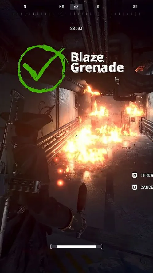 ARC Raiders Pendola Pass doorway with blocking ice cleared and Blaze Grenade flames across the floor