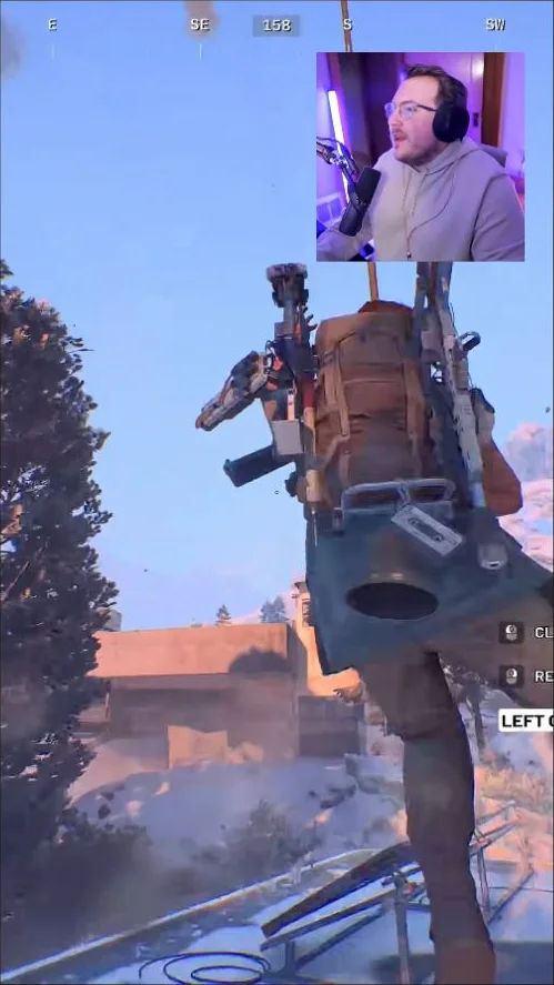 ARC Raiders Pendola Pass Raider hanging outside a Ballistic Gondola on a Grappling Hook rope