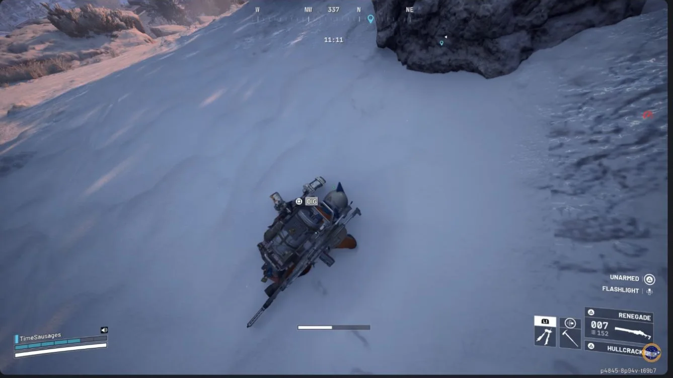 ARC Raiders Raider in Pendola Pass snow with the DIG prompt for a buried object