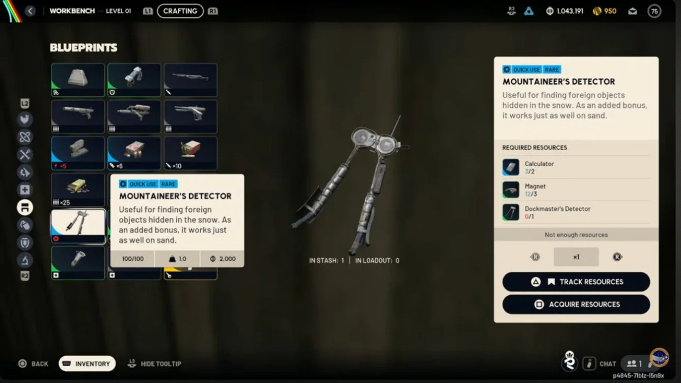 ARC Raiders Workbench I showing the Mountaineer's Detector recipe for Pendola Pass snow searches