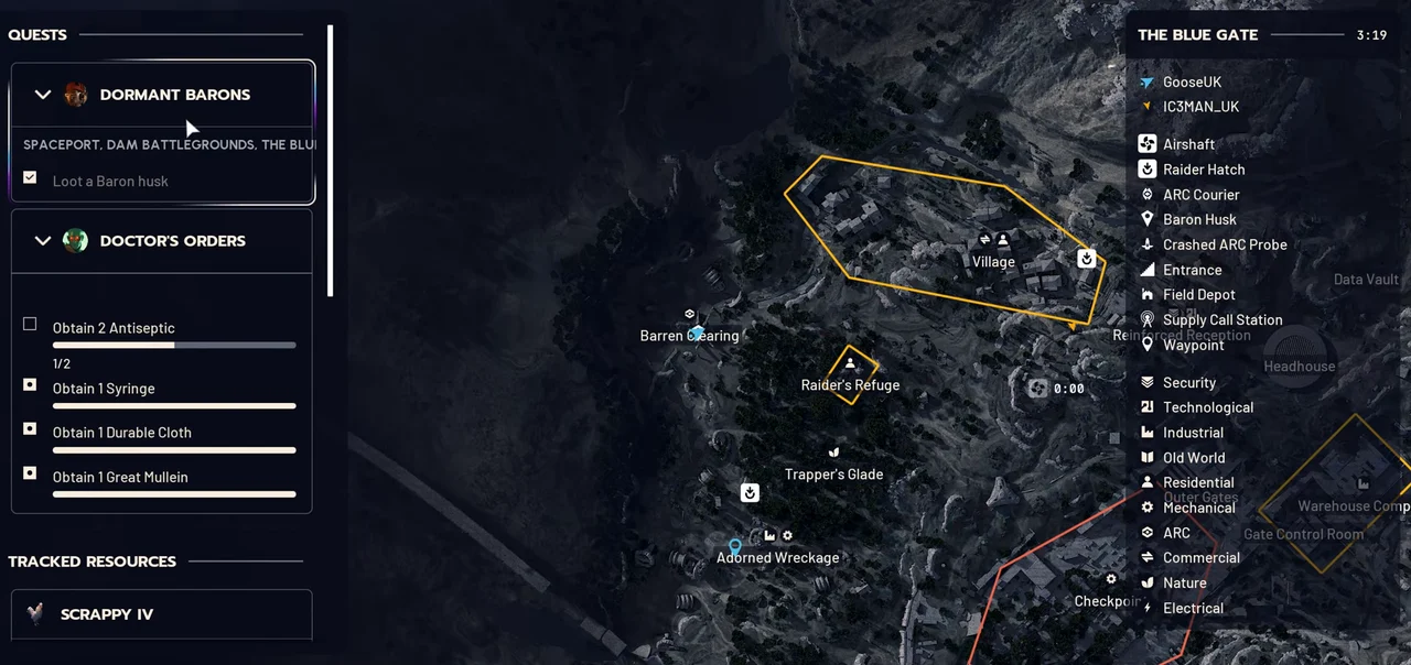 ARC Raiders The Blue Gate map at Barren Clearing and native checked Loot a Baron husk objective for Dormant Barons