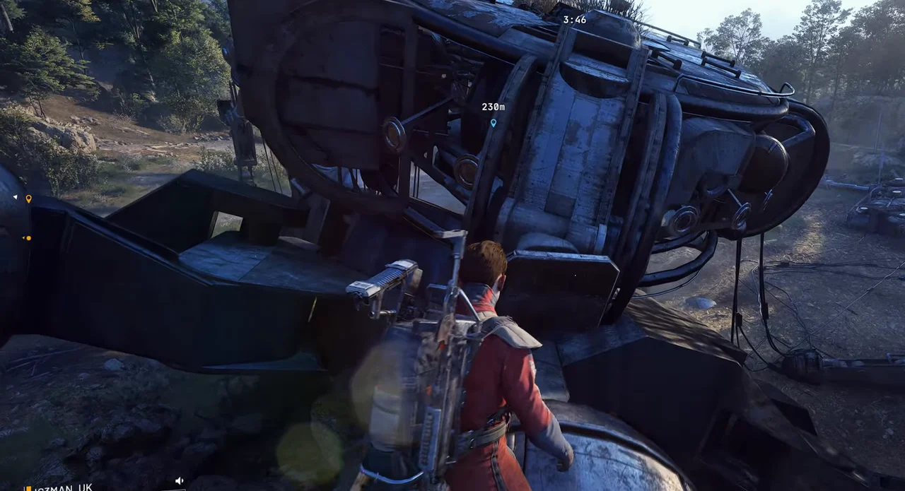 ARC Raiders The Blue Gate fallen Baron Husk at Barren Clearing with the player climbing toward its upper search hatch