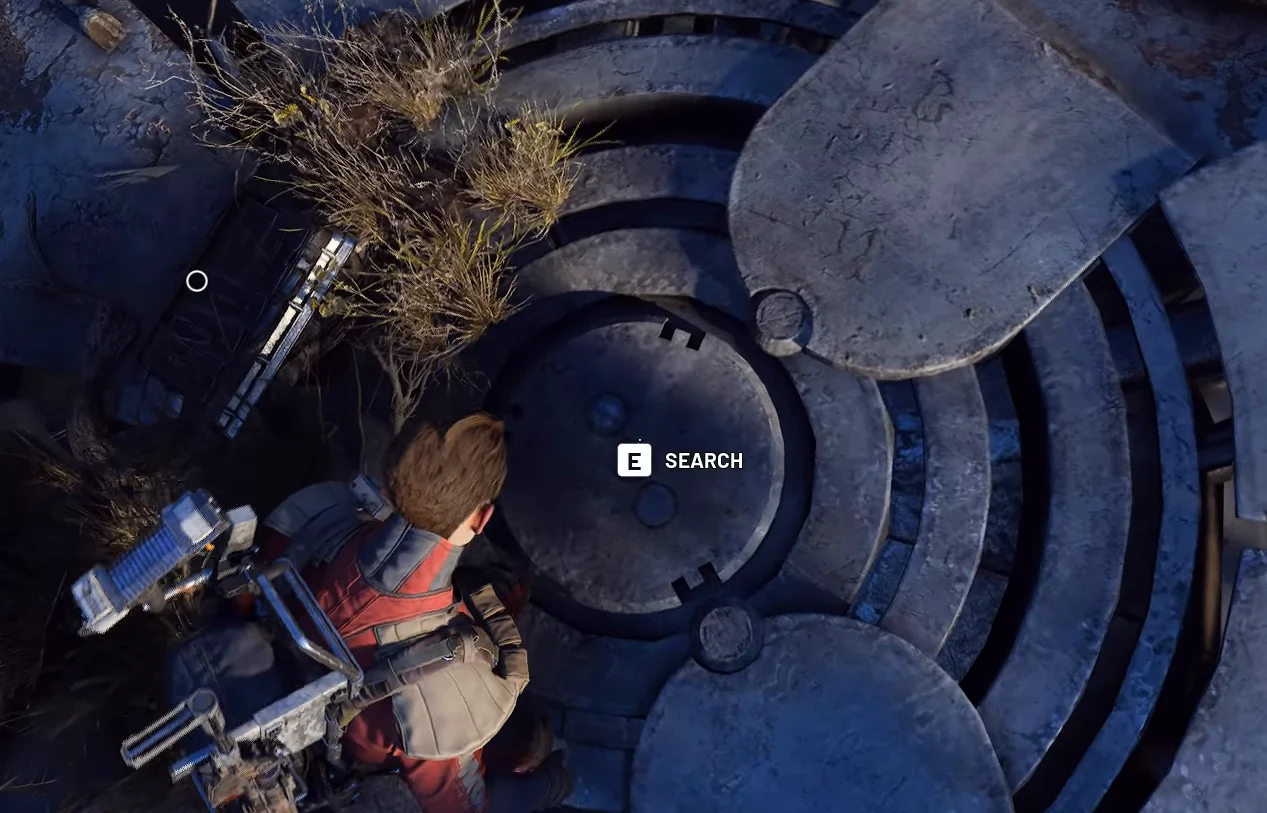 ARC Raiders The Blue Gate native SEARCH prompt on the round hatch of the fallen Baron Husk at Barren Clearing