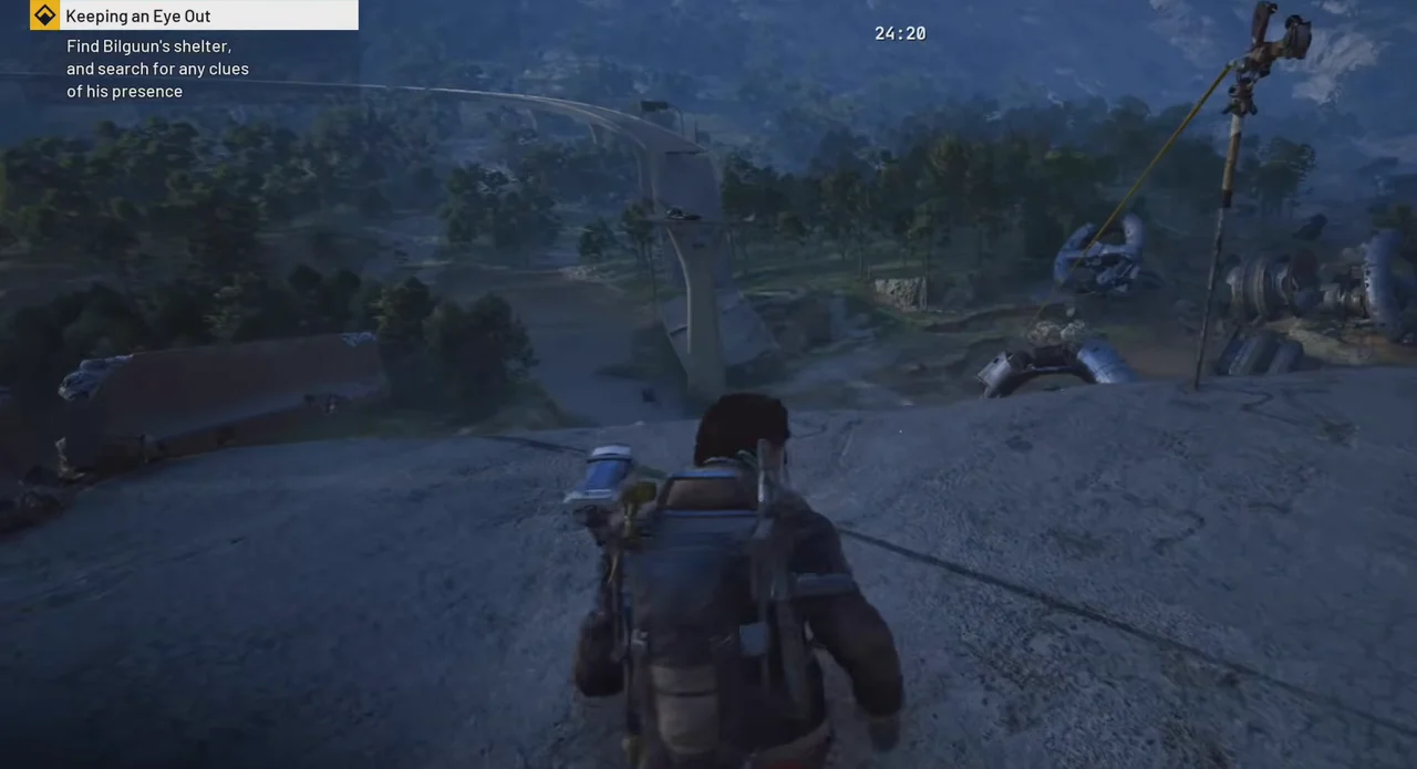 ARC Raiders The Blue Gate player approaching the broken road end at Highway Collapse before entering the shelter below